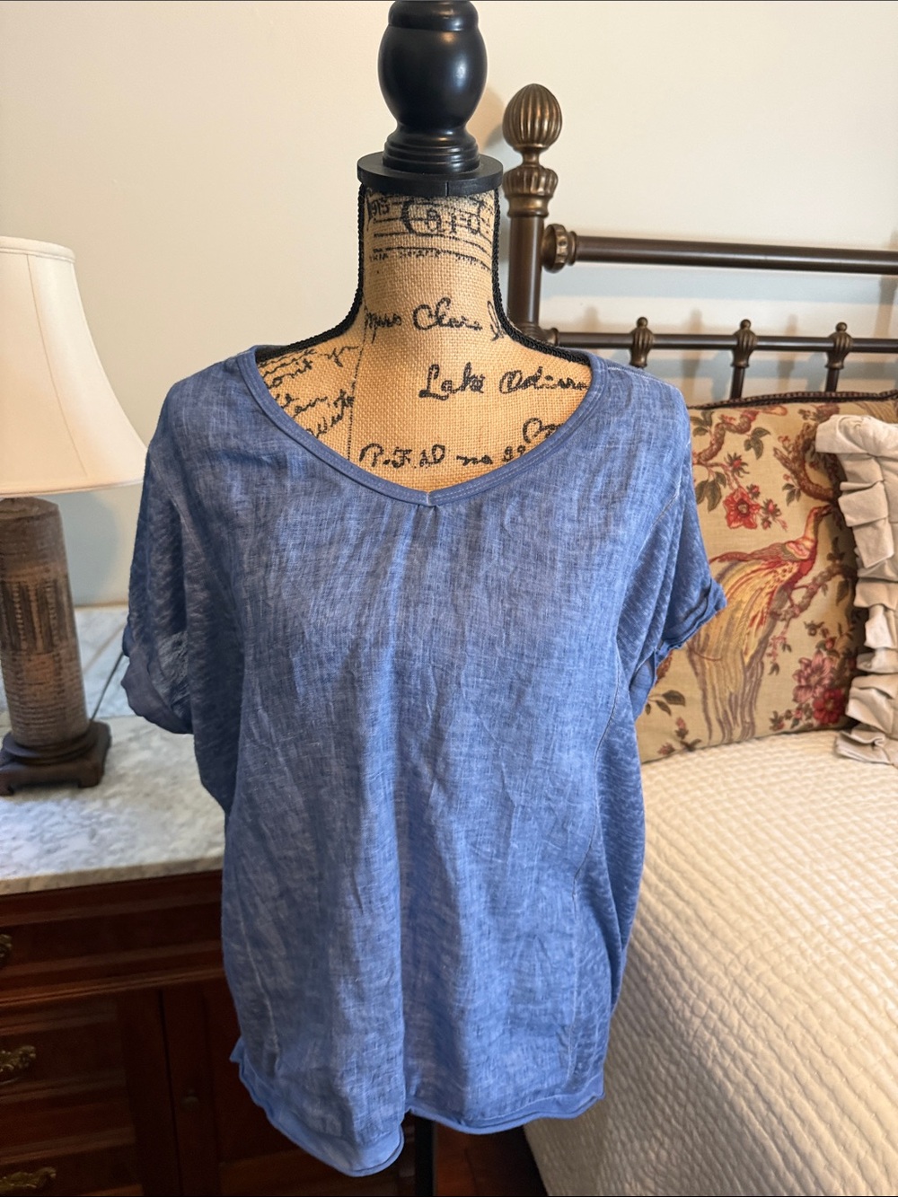 Kaktus Washed Blue V-Neck Short Sleeve Top